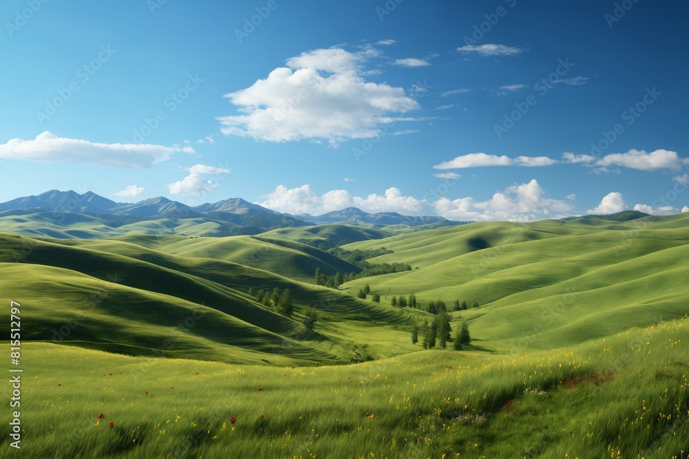 A beautiful summer or spring landscape with green grass on the hills and green fields. The blue sky is filled with white clouds and bright sunlight. Nature as a background. A beautiful summer or spring landscape with green grass on the hills and green fields. The blue sky is filled with white clouds and bright sunlight. Nature as a background.