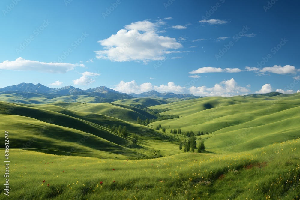 A beautiful summer or spring landscape with green grass on the hills and green fields. The blue sky is filled with white clouds and bright sunlight. Nature as a background.