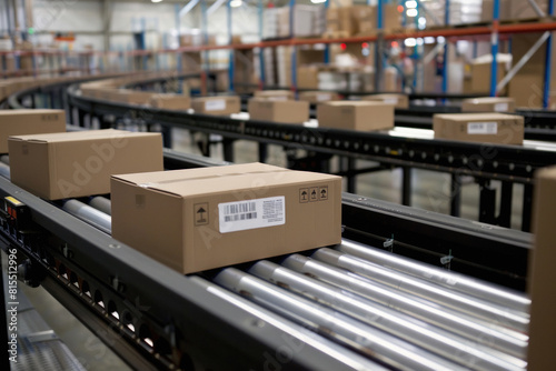 multiple cardboard box packages seamlessly moving along a conveyor belt in a warehouse © Neha