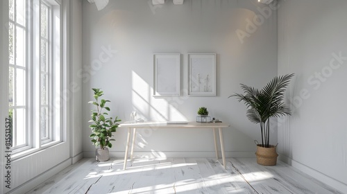 a minimalist home office with white walls and natural light