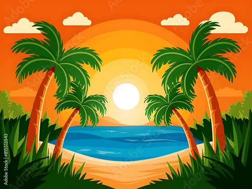 Summer background with sunset and palm trees.