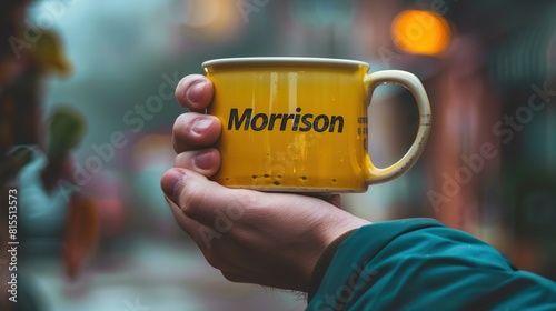 A person is holding a yellow coffee mug with the word 