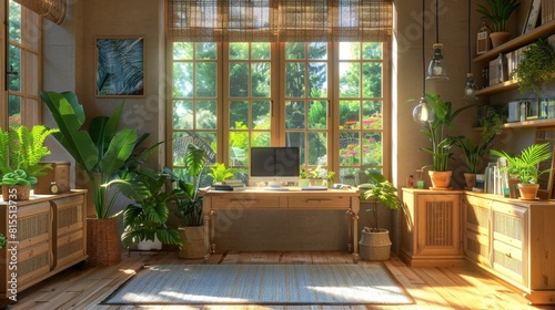 a home office with plants and natural decor