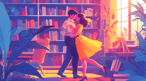 Man and woman dance in the library in daytime in 2d colorful style. © Theeramisu