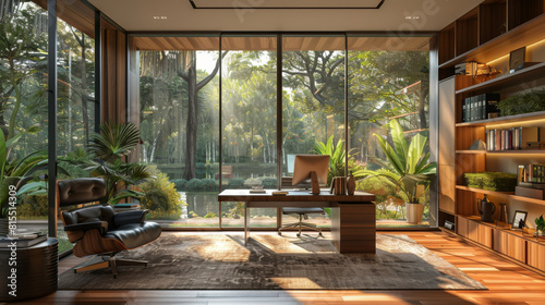 home office with a large window and beautiful outdoor view photo