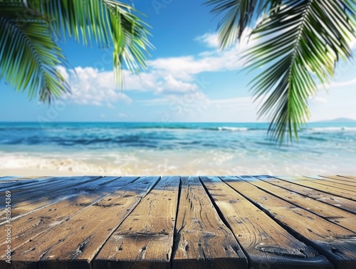 A wooden deck with palm trees, overlooking the beach under a cloudy sky © Alexei