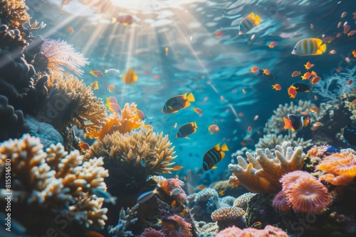 A vibrant coral reef teeming with colorful fish  sunlight dappling through the crystal-clear water