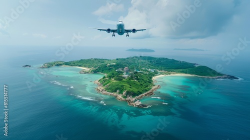 Jet plane over tropical island, airliner departure to exotic islands in warm ocean vacation