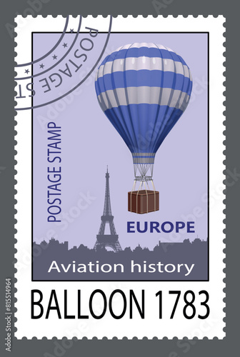 Fotografie Postage stamp with a hot air balloon over the city. Vector.