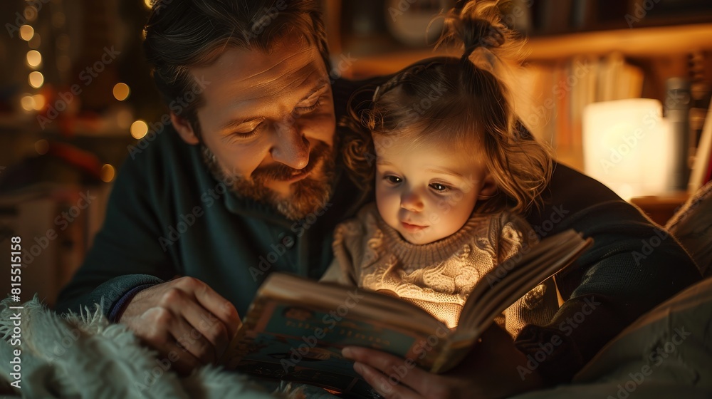 Father reading a book to child before bedtime in cozy room, warm lamp light. Dad and kid, parenting