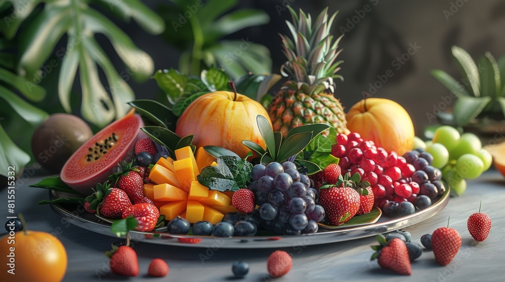 a fruit platter with exotic and seasonal fruits a fruit platter with exotic and seasonal fruits