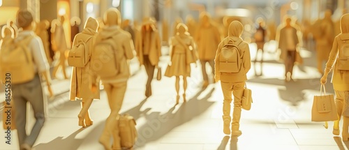 3D rendering of a crowd of people walking on a city street.