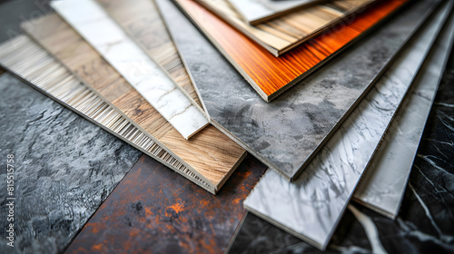 home interior material samples selection contains brushed stainless metallic laminated wooden vinyl flooring tiles laminated tiles marble stone stone tiles placed black stone table bac : Generative AI photo