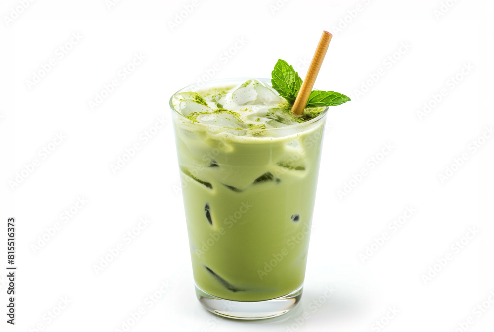 Japanese Ice latte Matcha tea with bamboo straw in glass isolated on white background. Vegan food. Healthy and non-alcoholic beverage concept Japanese Ice latte Matcha tea with bamboo straw in glass isolated on white background. Vegan food. Healthy and non-alcoholic beverage concept