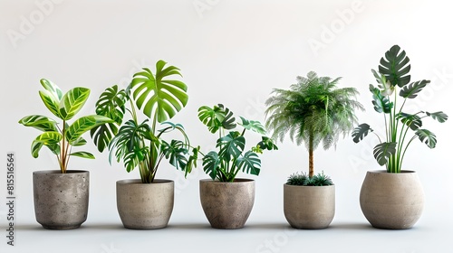 Serene Display of Variegated Indoor Plants in Concrete Pots. Perfect for Modern Home Decor and Plant Enthusiasts. A Touch of Greenery to Brighten Interiors. AI