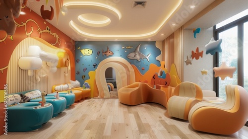 A colorful room with a mural of fish and sharks on the wall