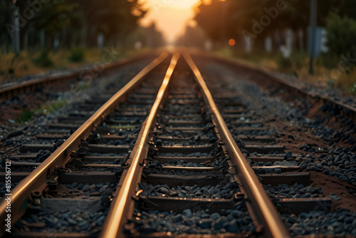 Railroad in motion at sunset, Industrial concept background. Railroad travel, railway tourism. Blurred railway. Transportation
