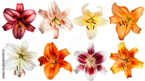Set of top view blooming lilies, featuring vibrant colors and detailed stamens