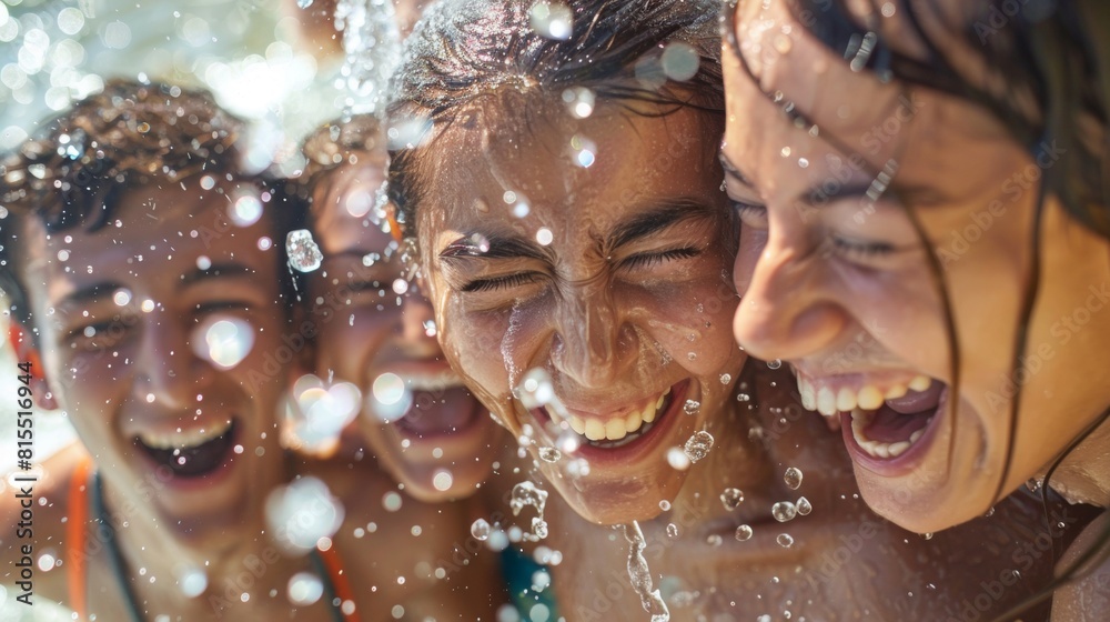 Close-up of a group of laughing faces splashed with water, capturing the playful spirit of a water fight Close-up of a group of laughing faces splashed with water, capturing the playful spirit of a water fight