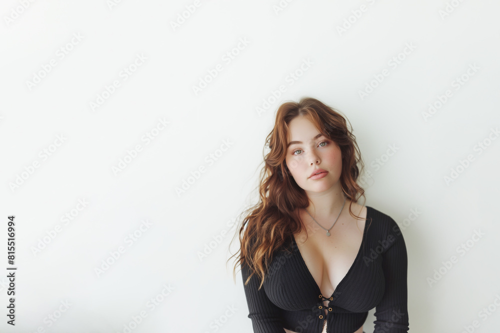 Intimate portrait of a young woman with wavy brown hair and blue eyes, wearing a black buttoned cardigan.