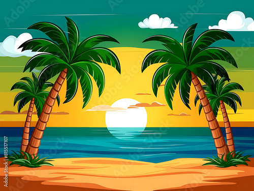 Summer background with sunset and palm trees.