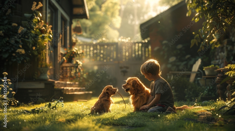 a child playing with a pet in a sun-drenched backyard a child playing with a pet in a sun-drenched backyard