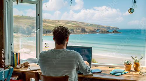 beach digital home laptop office working nomad at british on by remotely photo