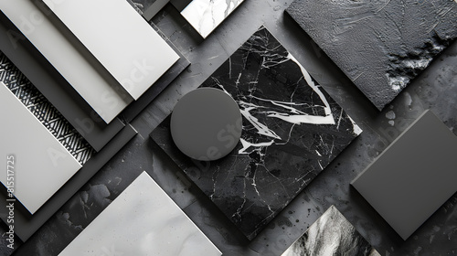 Elegant  flat lay composition in grey and black color palette with textile and paint samples lamella panels and tiles Architect and interior designer moodboard Top view Copy space   Generative AI