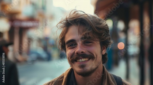 A man with a mustache and a beard is smiling in front of a building