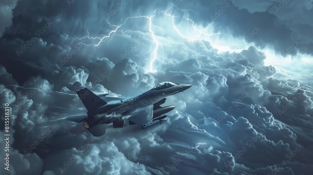 Fototapeta premium F-16 breaking through a thick layer of storm clouds, lightning illuminating the scene