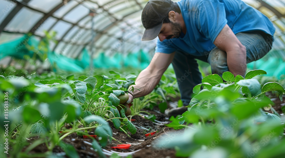 Fototapeta premium A farmer covers a potato plantation with agro fiber before a cold night. Opening of young potatoes plants as it warms. agro fiber industry. Hardening of plants. Greenhouse effect. Generative AI.
