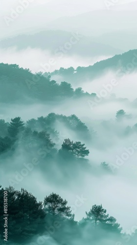 Foggy landscape  soft gradients  sense of mystery and tranquility