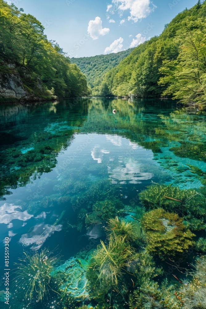 Panoramic view of a crystal-clear lake surrounded by lush greenery, with vibrant aquatic plants visible beneath the surface