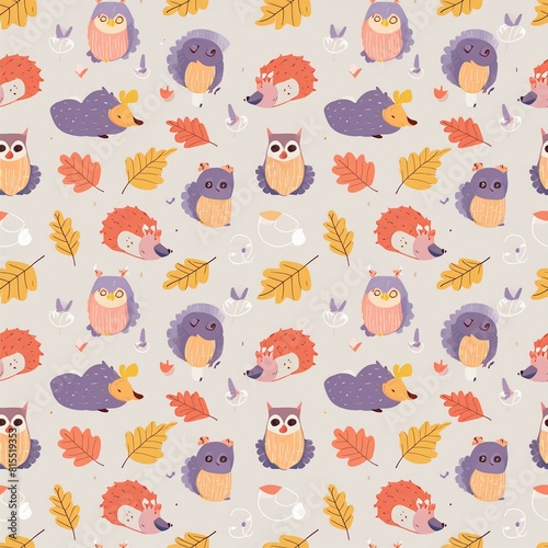 a serene seamless pattern of forest creatures organic like owls, squirrels, and hedge