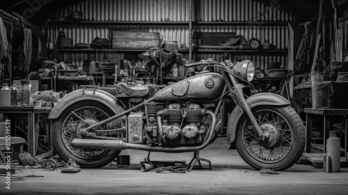 A black and white photo old vintage motorcyle in the hangar photo