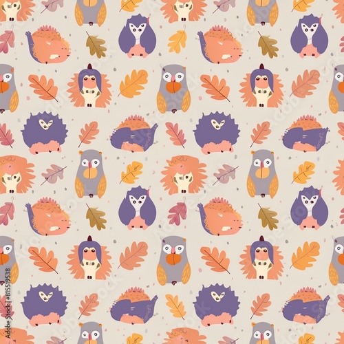 a serene seamless pattern of forest creatures organic like owls  squirrels  and hedge