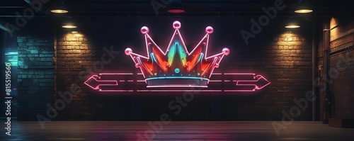 A dynamic shot of a neon king logo glowing brightly against a dark, industrial brick wall, perfect for contemporary urbaninspired themes photo