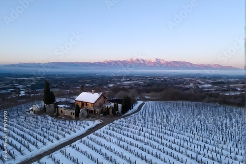 rustic vineyard cottage in a winter vineyard landscape with snow