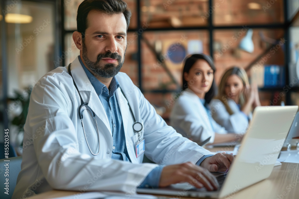 Male doctor working on laptop with his female colleagues Male doctor working on laptop with his female colleagues