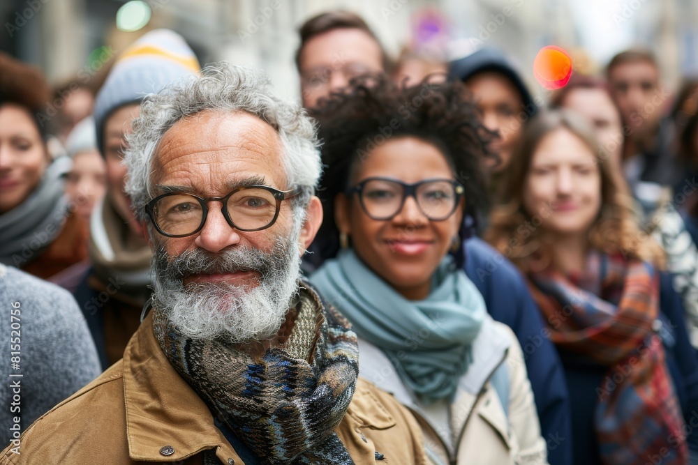 Portrait of a senior man with a beard and glasses on a crowded street Portrait of a senior man with a beard and glasses on a crowded street