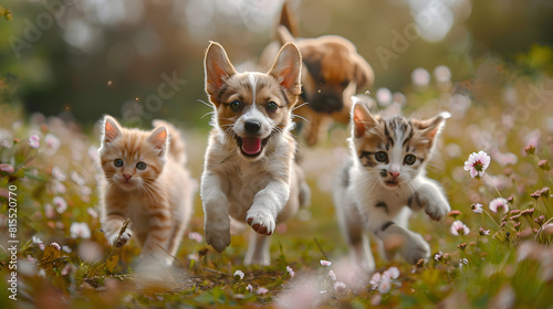 A cute and funny group of dogs and cats jumping and running happily in a field with a blurred background. Perfect for pet product advertisements, social media posts, and animal lover websites.