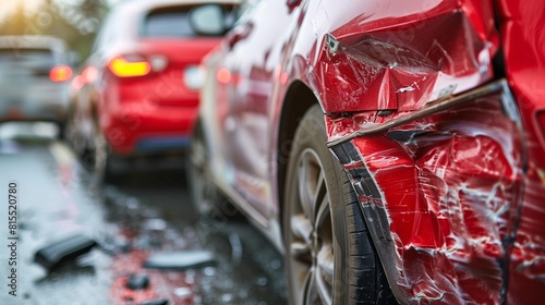 Red car with rear-end damage from a traffic accident, shown in close-up with blurred traffic in the background. The damaged area is wet, indicating recent rain.