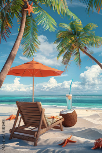 3D Tropical Island Scene: Palm Tree, Beach Chair, and Parasol with Starfish and Coconut Cocktail, Vacation Illustration © ebhanu