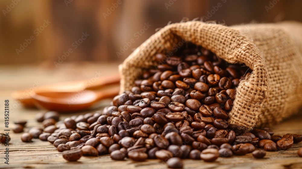 Fototapeta premium Coffee beans and wooden spoons displayed on table with bags, set against a dark background