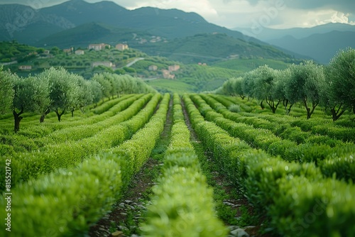 Olive Tree Grove: Rows of olive trees with silver-green leaves. 