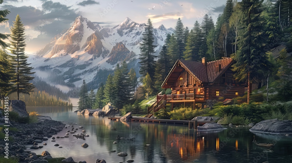 Mountain Cabin: Nestled in the mountains, you sit on the porch of a cozy cabin, surrounded by towering pine trees and overlooking a tranquil lake below, the perfect escape from the hustle and bustle o Mountain Cabin: Nestled in the mountains, you sit on the porch of a cozy cabin, surrounded by towering pine trees and overlooking a tranquil lake below, the perfect escape from the hustle and bustle o