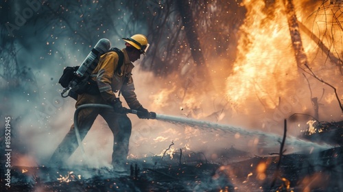 A firefighter extinguishes a fierce blaze amidst a forest wildfire at evening.