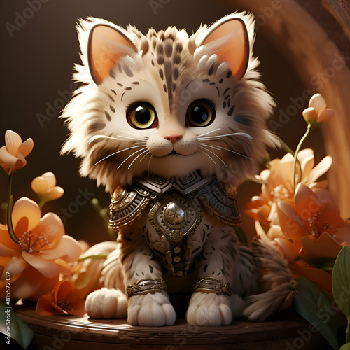 Cute kitten in medieval armor with flowers. 3d illustration.