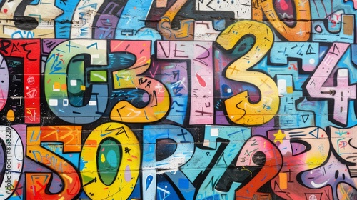 Graffiti style letters and numbers background  Graffiti art style with colourful letters and numbers arranged in an intricate pattern on the wall - Generative AI 