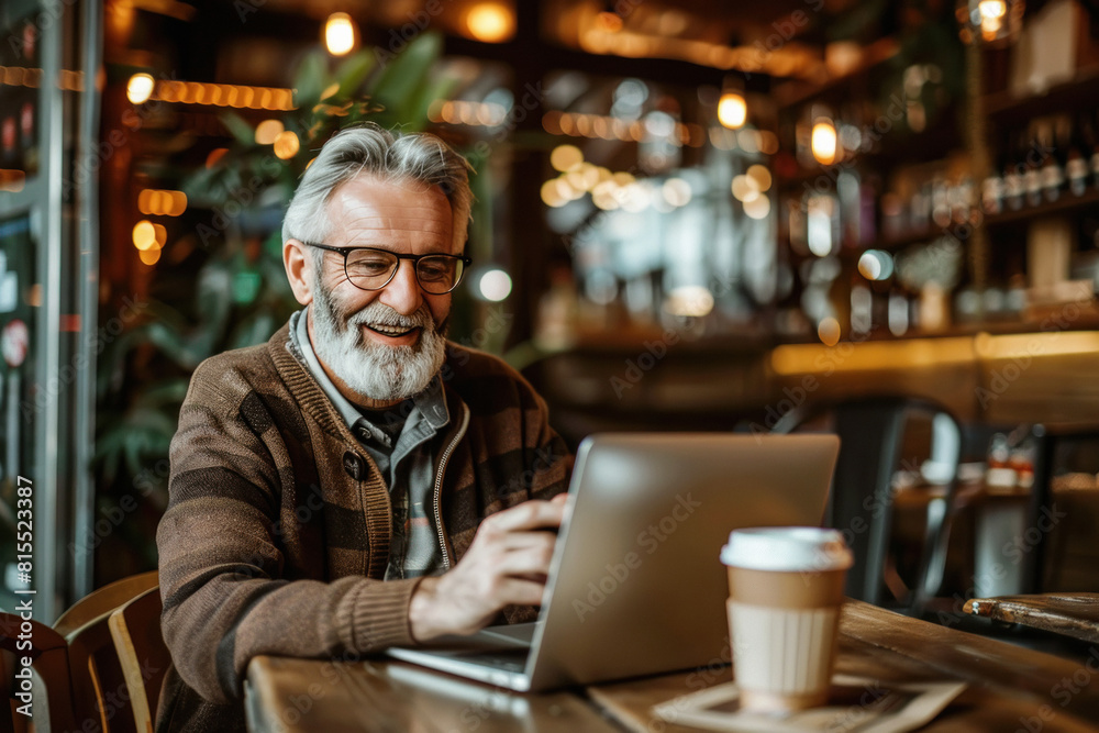 middle age man using laptop at cafe middle age man using laptop at cafe